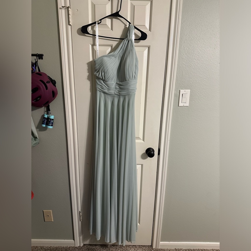 Gorgeous dusty sage one shoulder dress with cute knot.